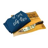 סט יוקרתי סכין שף מקצועית 20 ס"מ קרש חיתוך עץ שיטה 38*30 ס"מ וסינר ג'ינס עם הדפסה מנצנצת